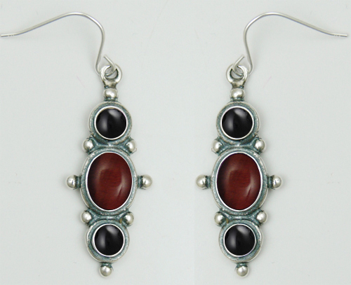 Sterling Silver Drop Dangle Earrings With Red Tiger Eye And Black Onyx